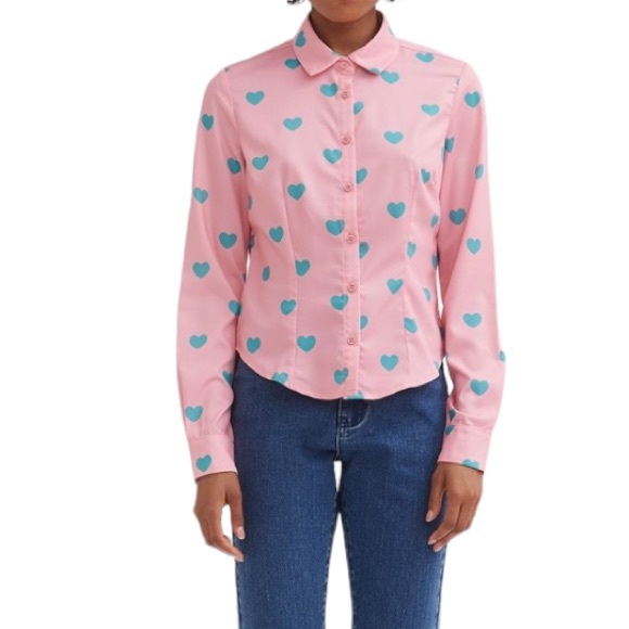 Lazy Oaf Heart Print Button Up Shirt Blouse 12 Pink Blue Girly Feminine Love - Picture 1 of 8